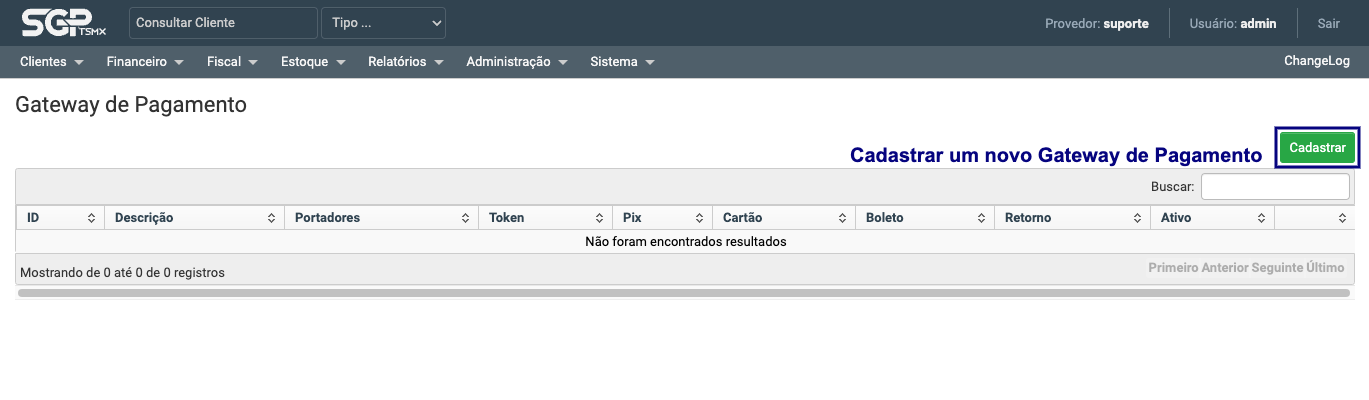 Botão para cadastrar gateway de pagamento