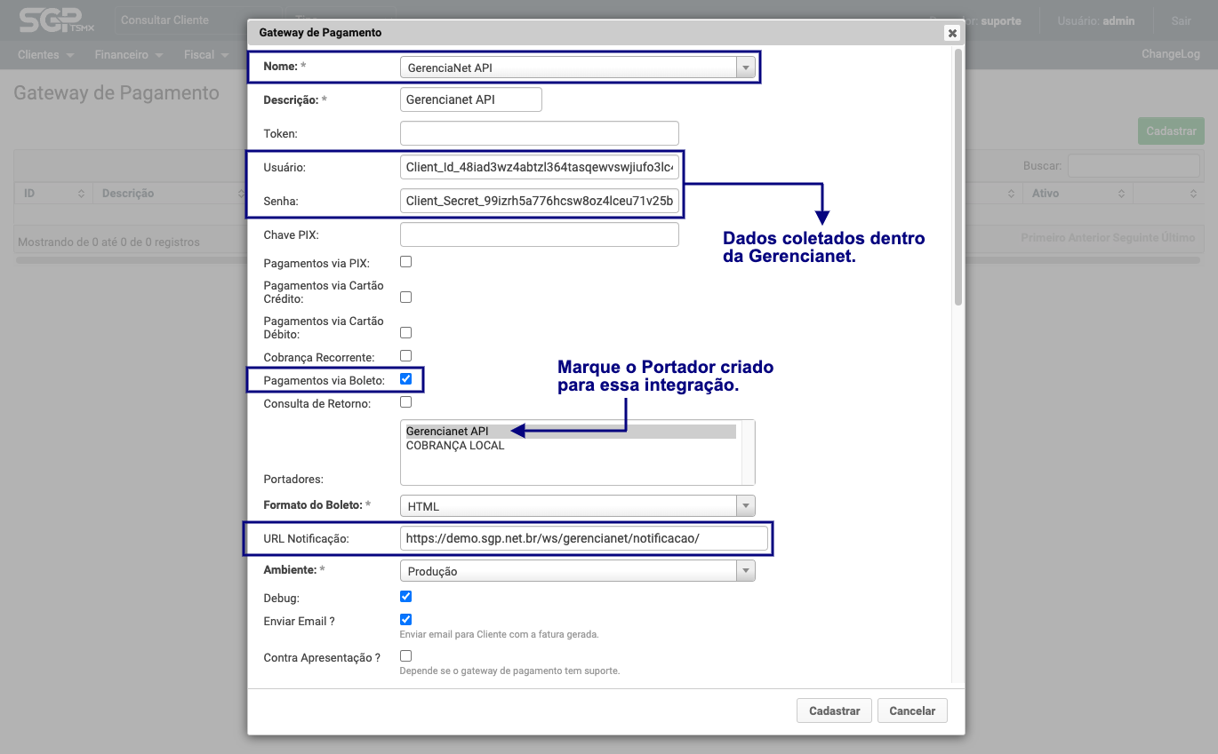 Preenchendo dados da gateway de pagamento