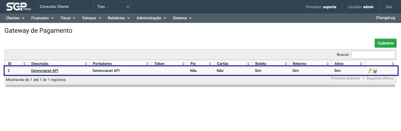 Exibindo gateway de pagamento cadastrada.