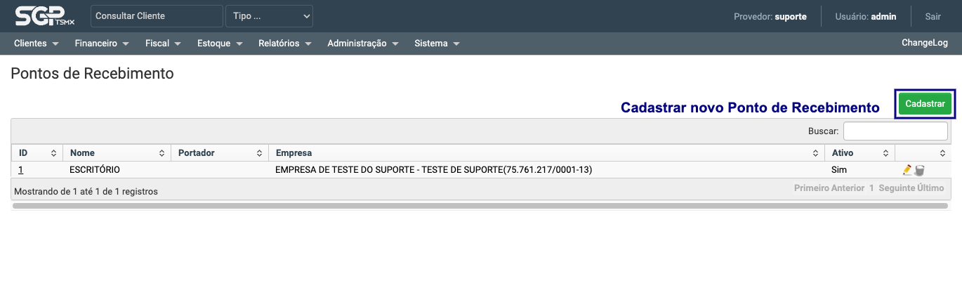 Botão de cadastrar Ponto de Recebimento