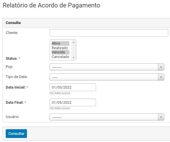 Filtros do Relatório de Acordo de Pagamento