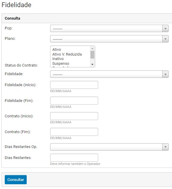 Filtros do Relatório de Fidelidades