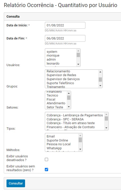 Exemplo de filtros do relatório