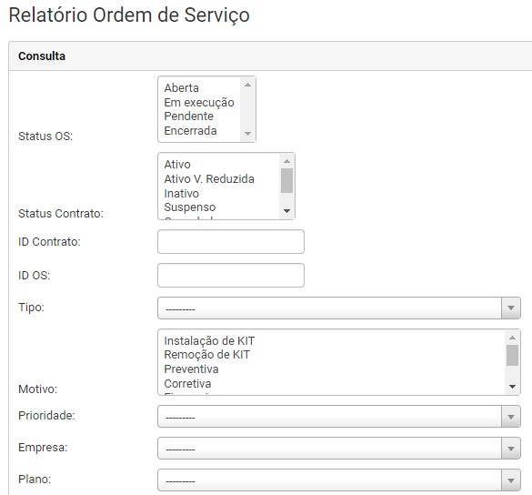 Exemplo de filtros do relatório