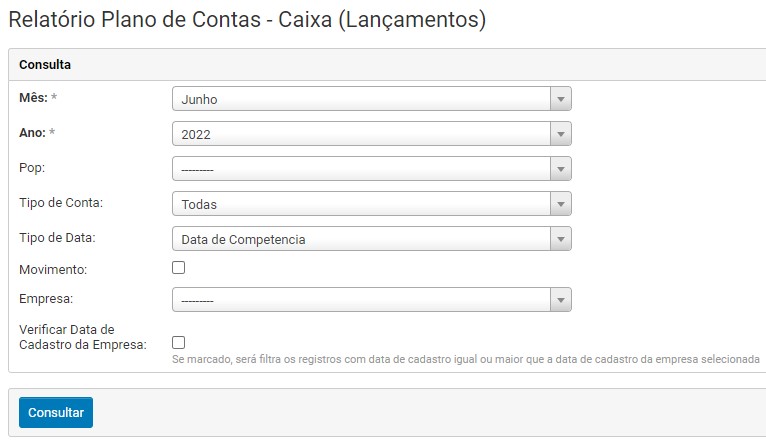 Filtros do Relatorio de Plano de Contas