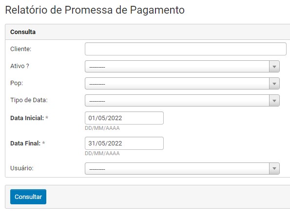 Filtros do Relatório de Promessas de Pagamento