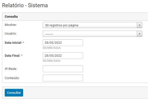 Filtros do Relatório Sistema