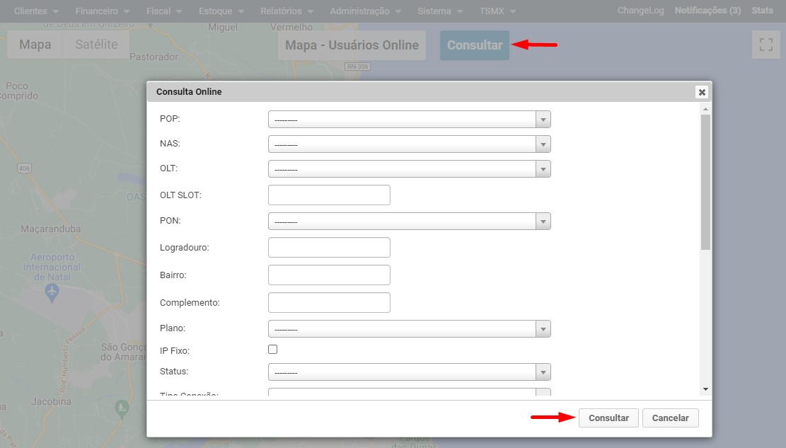 Filtros do Relatório Sistema