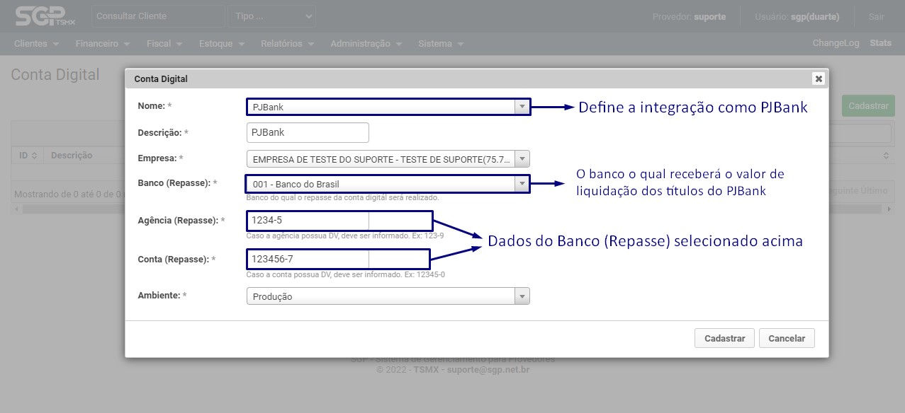 Preenchendo dados da conta digital