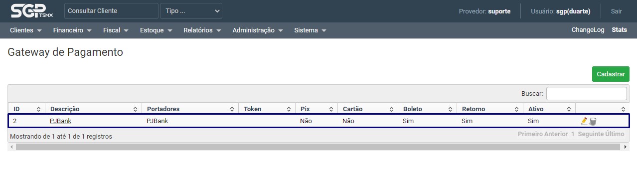 Exibindo gateway de pagamento cadastrada.