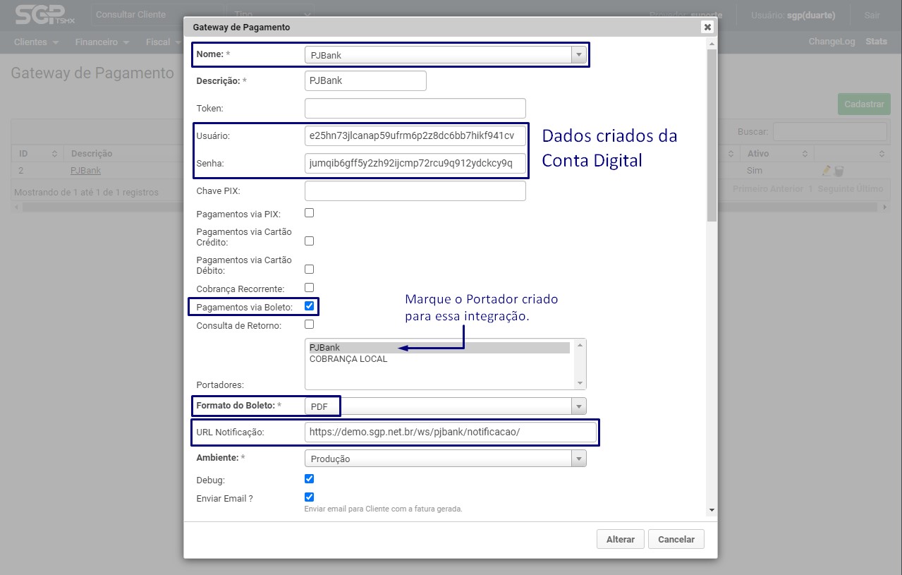 Preenchendo dados da gateway de pagamento