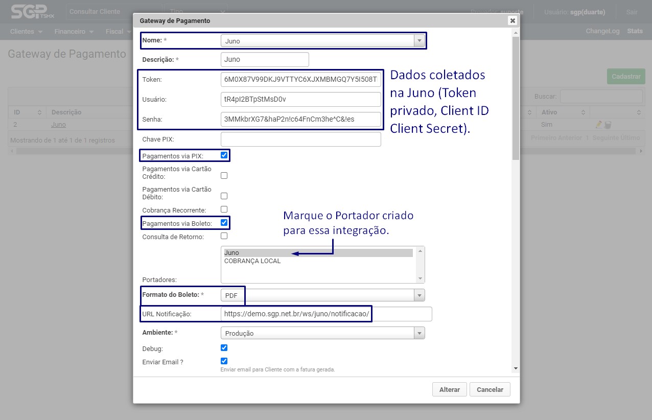 Preenchendo dados da gateway de pagamento