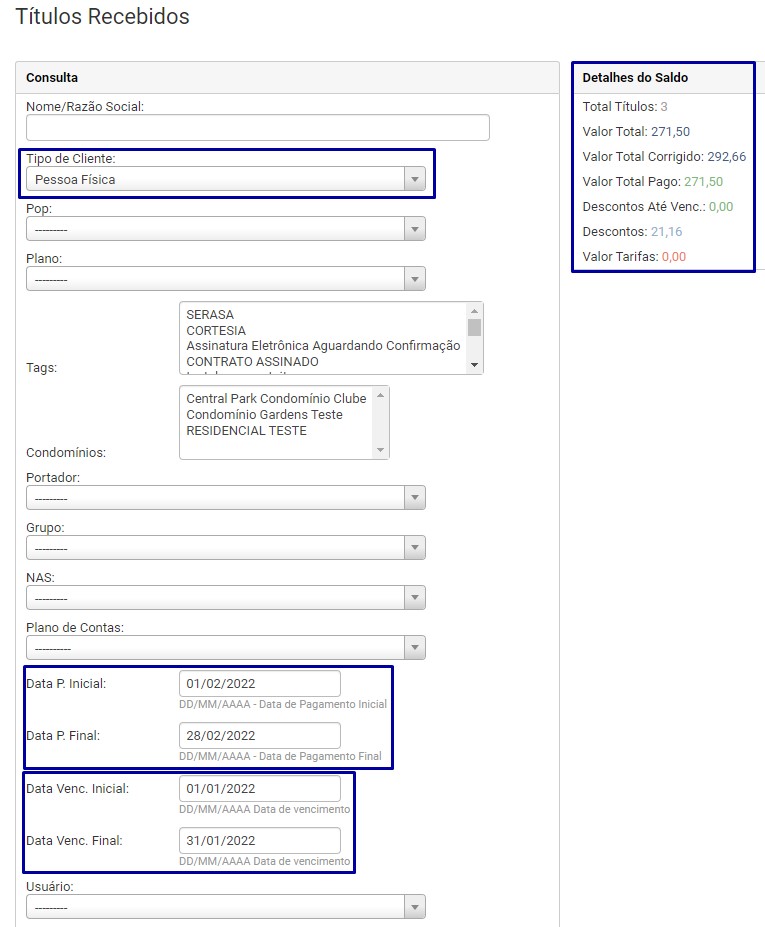 Filtros do Relatório de Títulos Recebidos segunda busca