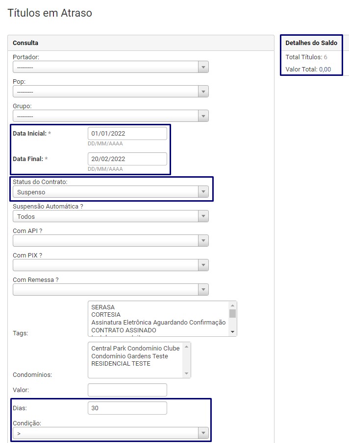 Filtros do Relatório de Títulos Em Atraso segunda busca