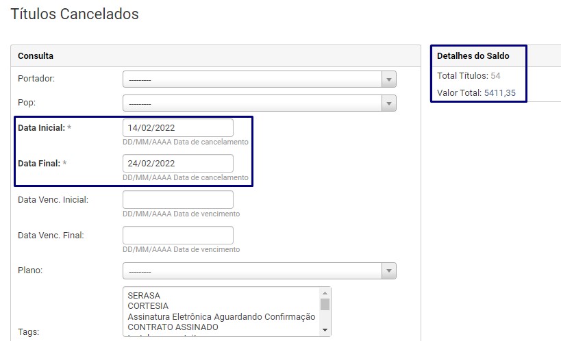 Filtros do Relatório de Títulos Cancelados primeira busca
