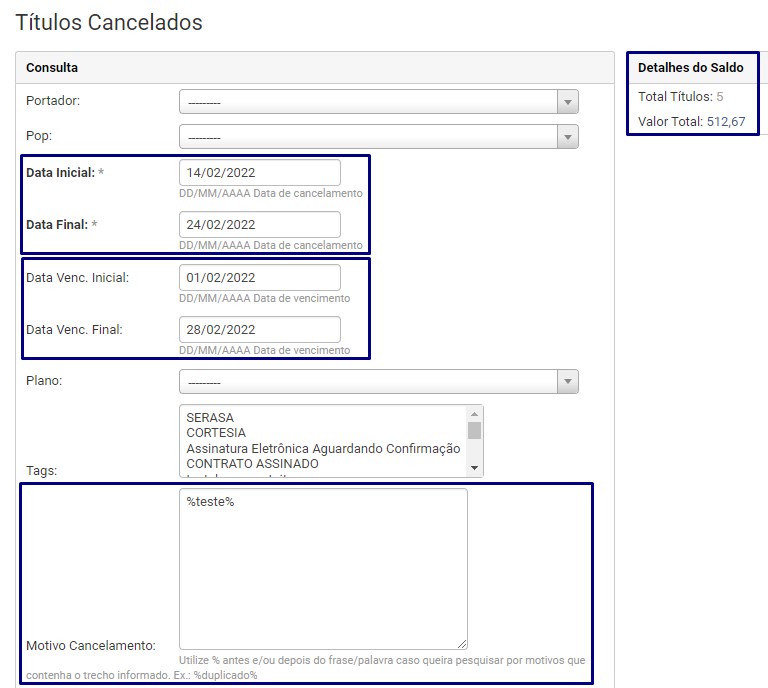 Filtros do Relatório de Títulos Cancelados segunda busca