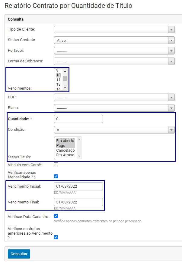 Filtros do Relatório de Títulos Por Quantidade e Status segunda busca