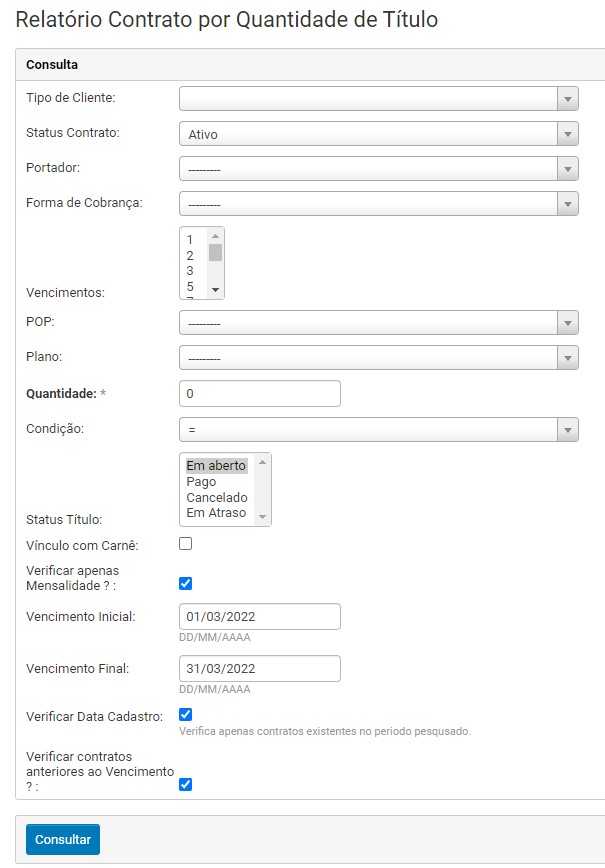 Filtros do Relatório de Títulos Por Quantidade e Status primeira busca