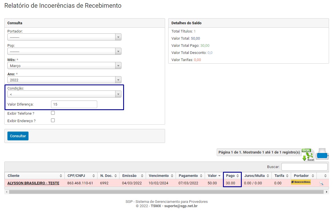 Filtros do Relatório de Incoerências de Recebimento segunda busca