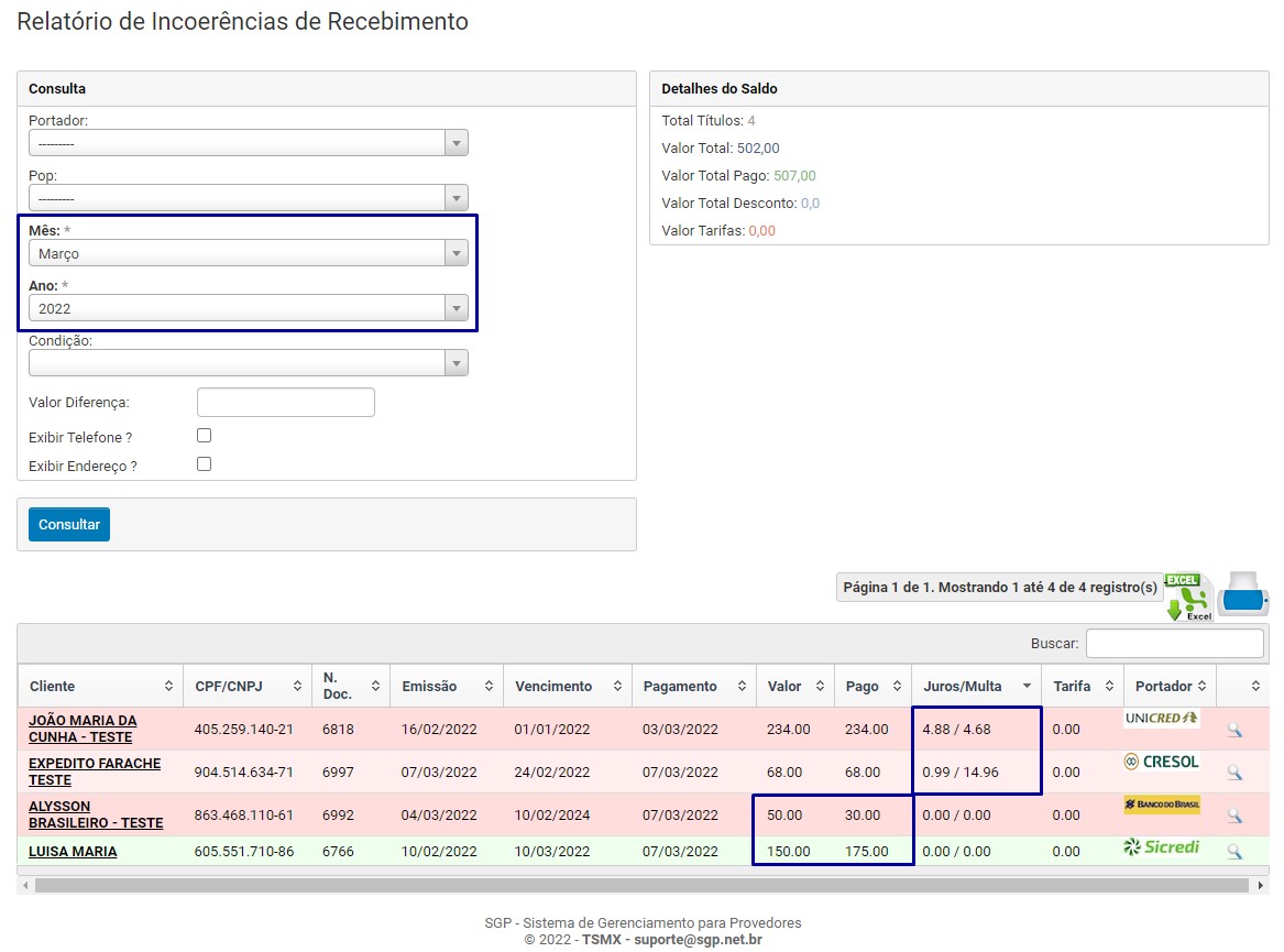 Filtros do Relatório de Incoerências de Recebimento primeira busca