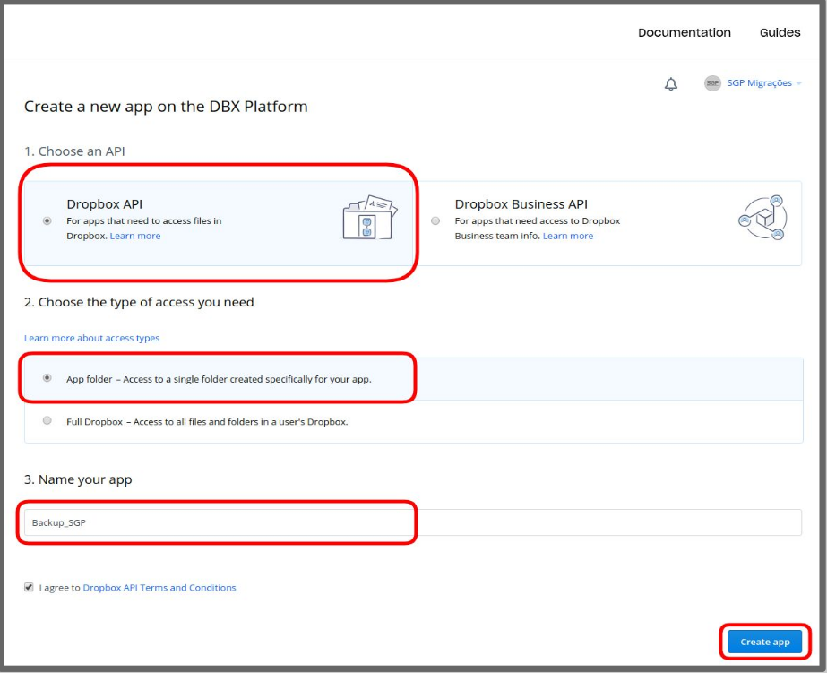 Criação de App no Dropbox