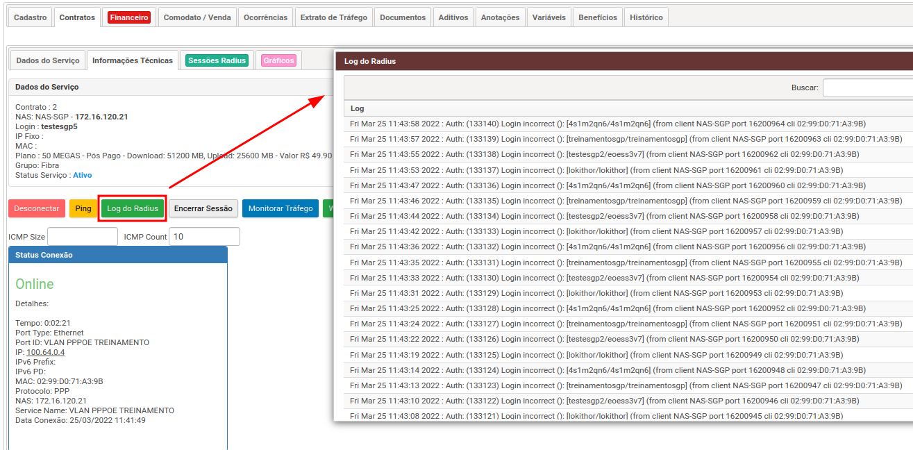 Logs do cliente listados