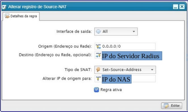 Definição do Ip do NAS no Source-NAT