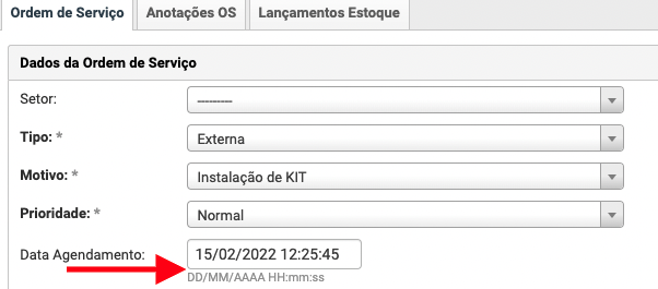 Data de agendamento na O.S.