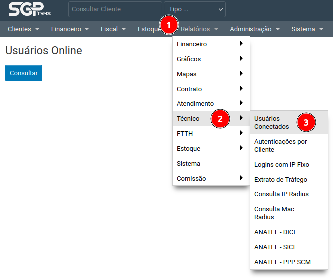 Através do menu Relatórios, opção Técnico e opção usuários conectados.