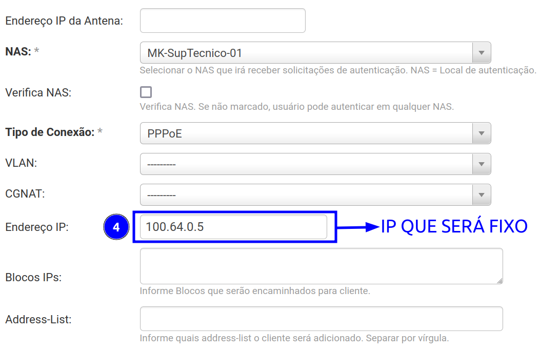 Na mesma página dos Dados do Serviço deverá preencher o campo Endereço IP